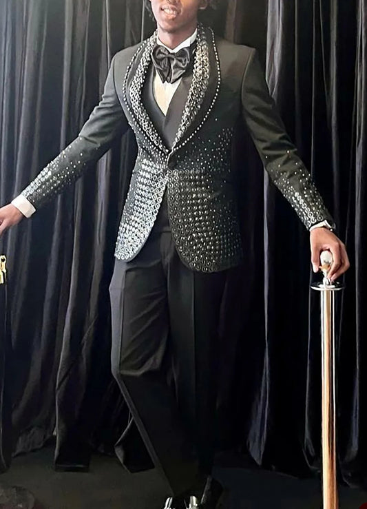 Stylish Black Beaded Tuxedo Suit for Men with Shawl Lapel, Slim Fit 2-Piece Blazer and Pants for Weddings and Formal Events