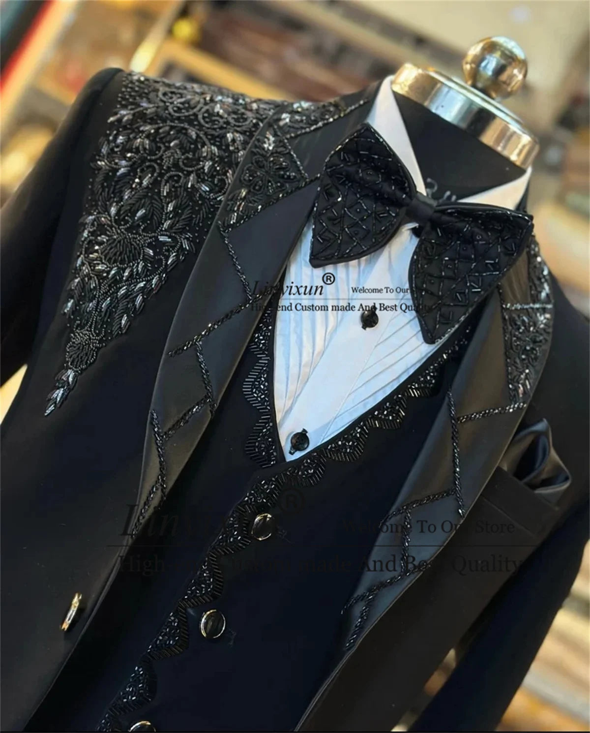 Elegante conjunto de esmoquin de 3 piezas con cristales bordados para hombre, ideal para bodas, eventos formales y bailes de graduación: blazer y chaleco de lujo de corte entallado.
