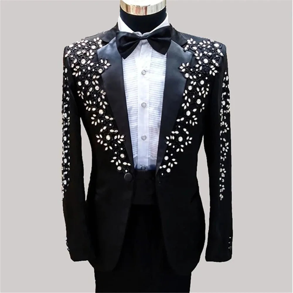 Conjunto de 3 piezas de esmoquin con adornos de joyería de cuentas de lujo para hombre, traje con lentejuelas brillantes y solapa para boda, novio y fiesta.