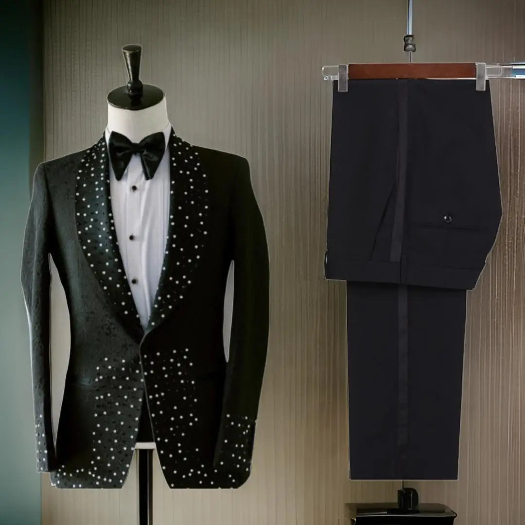 Costume de luxe pour homme, 2 pièces, coupe slim, avec perles, pour mariage, smoking formel, veste et pantalon noir