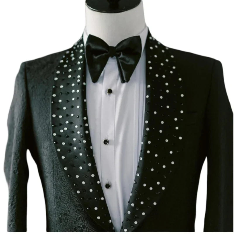 Costume de luxe pour homme, 2 pièces, coupe slim, avec perles, pour mariage, smoking formel, veste et pantalon noir