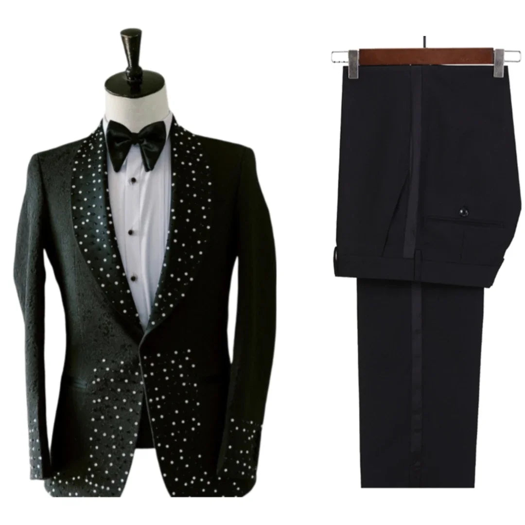 Costume de luxe pour homme, 2 pièces, coupe slim, avec perles, pour mariage, smoking formel, veste et pantalon noir