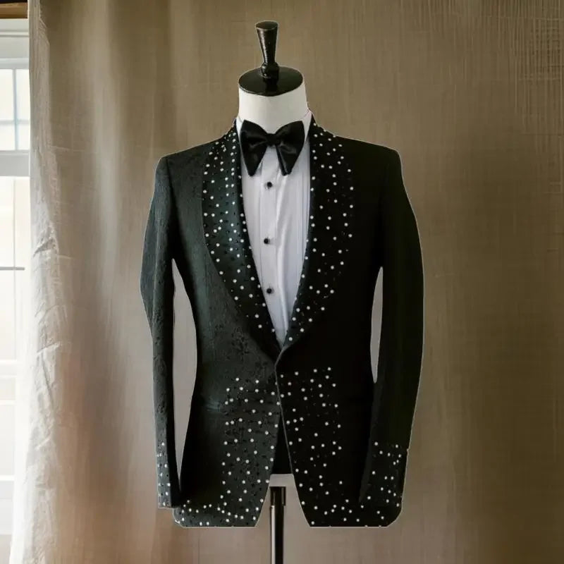 Trajes de lujo con cuentas para hombre para fiesta de boda, corte entallado, 2 piezas, esmoquin formal para novio, traje de moda, chaqueta con pantalón negro