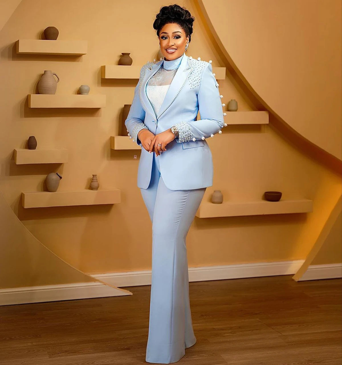 Luxury Beaded Women Pants Jacket Suits Mordern Pearls Blazer Custom Made Flare Trousers Daily Formal Party Gown