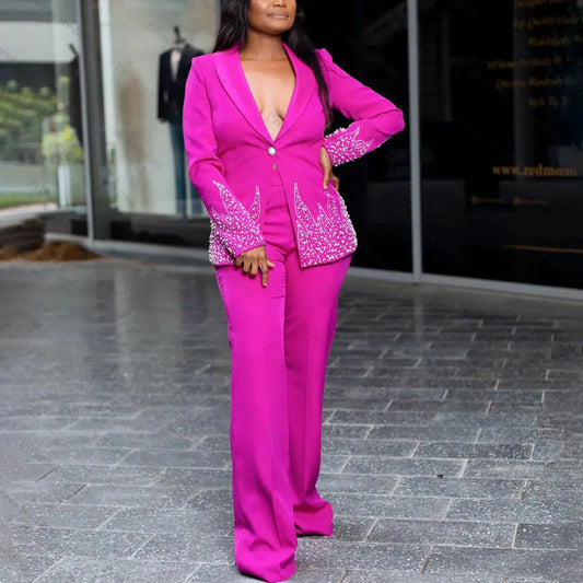 Luxury Beading Mother Of The Bride Pants Suits 2 Pieces Plus Size Lady Crystal Blazer Sets Female High Waist Guest Wear