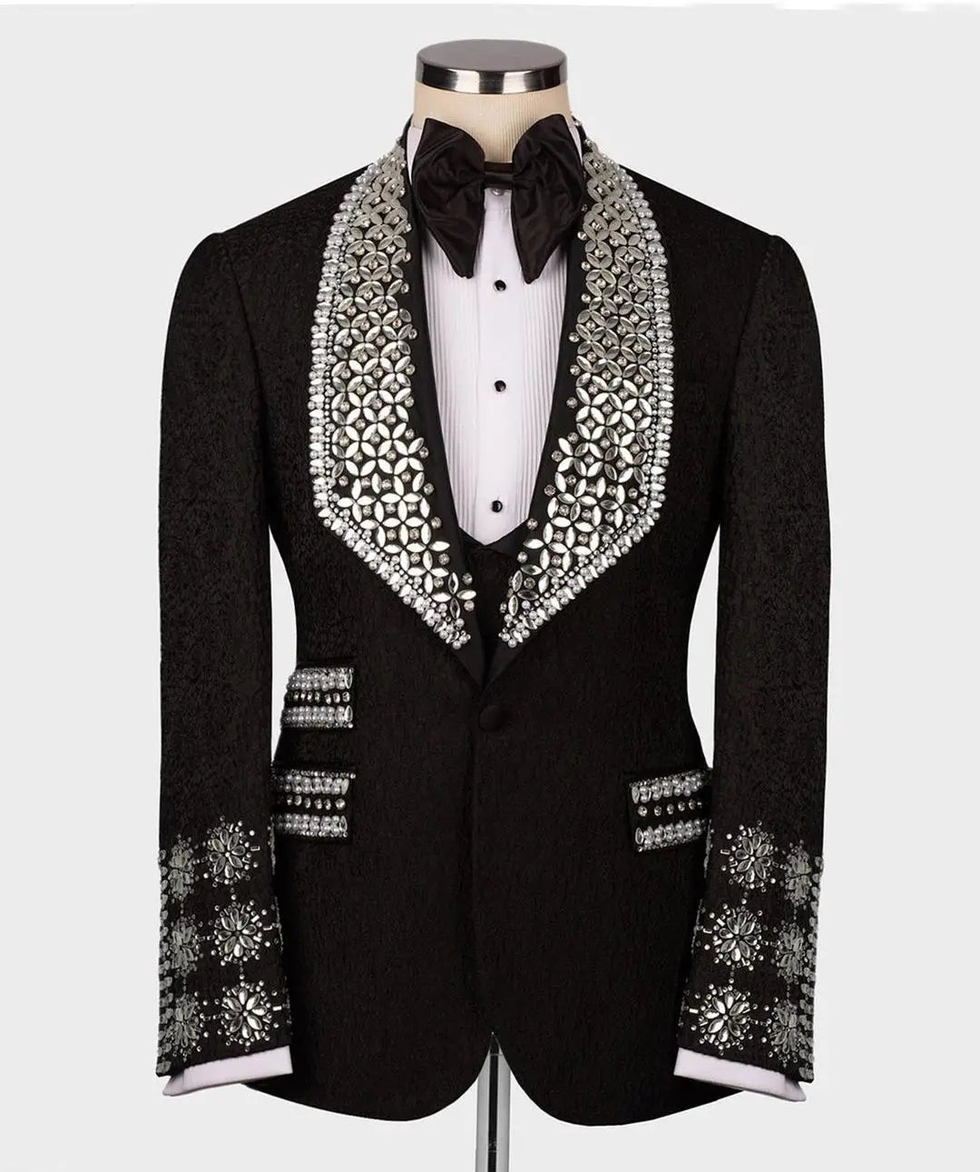 Luxury Beads Diamonds Sparkly 2 Pieces Blazer Vest Men Suits One Button Wide Lapel Formal Prom Wedding Groom Plus Size