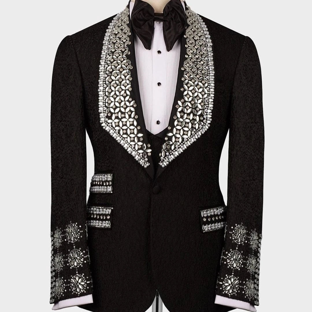 Luxury Beads Diamonds Sparkly 2 Pieces Blazer Vest Men Suits One Button Wide Lapel Formal Prom Wedding Groom Plus Size
