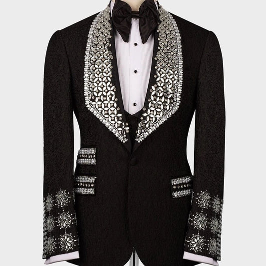 Luxury Beads Diamonds Sparkly2 Pieces Blazer Vest Men Suits One Button Wide Lapel Formal Prom Wedding Groom Plus Size