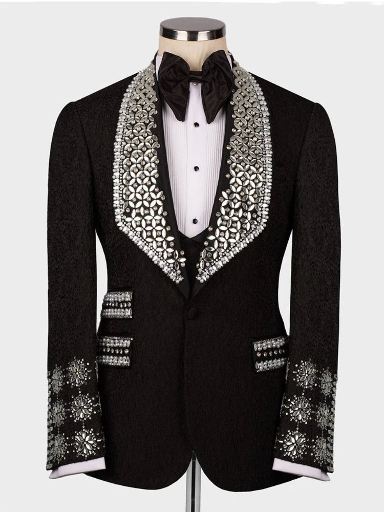Luxury Beads Diamonds Sparkly 2 Pieces Blazer Vest Men Suits One Button Wide Lapel Formal Prom Wedding Groom Plus Size