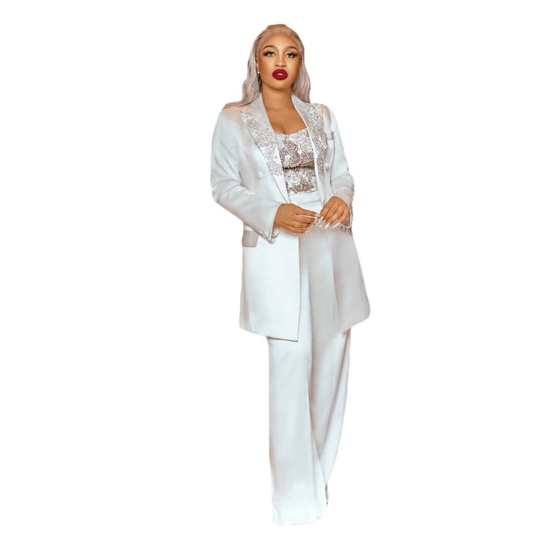 Luxury Beads Women White Suits Slim Lady Party Prom Tuxedos Long Blazer Leisure Outfit (Jacket+Pants)
