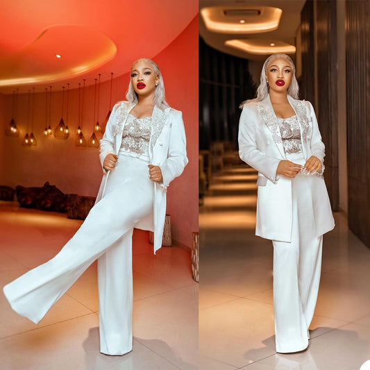 Luxury Beads Women White Suits Slim Lady Party Prom Tuxedos Long Blazer Leisure Outfit (Jacket+Pants)