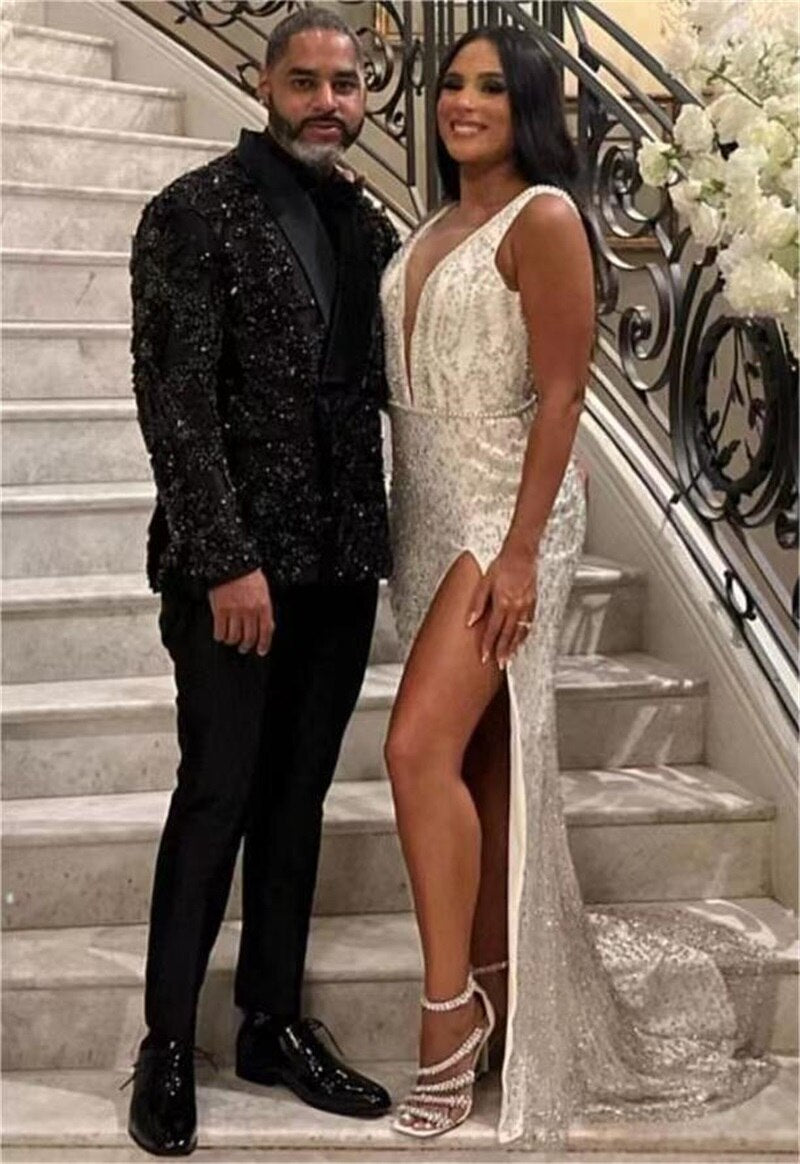 Ensemble de costumes de mariage noirs de luxe pour hommes, 2 pièces, blazer et pantalon, smoking de marié à paillettes appliquées, veste et manteau de bal formels sur mesure 