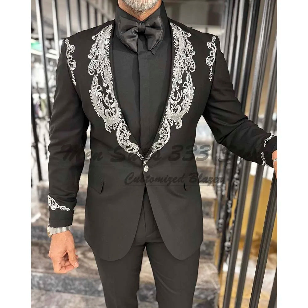 Luxury Black Men's Suits Outfits Customized One Button Appliques Shawl Lapel Blazer High Quality 2 Piece Jacket Pants Oufits Set