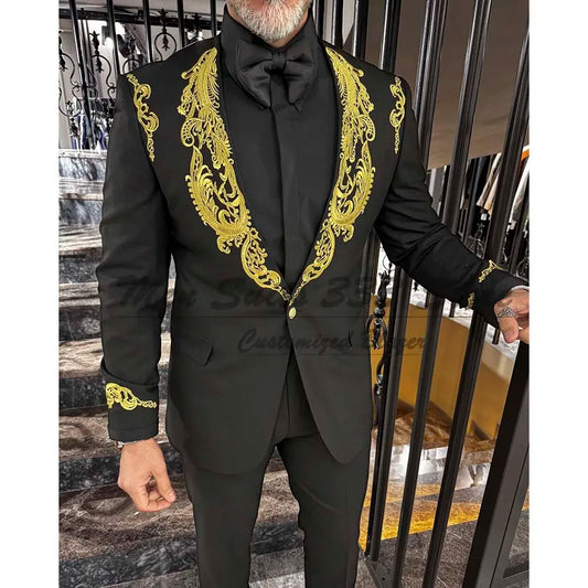 Luxury Black Men's Suits Outfits Customized One Button Appliques Shawl Lapel Blazer High Quality 2 Piece Jacket Pants Oufits Set