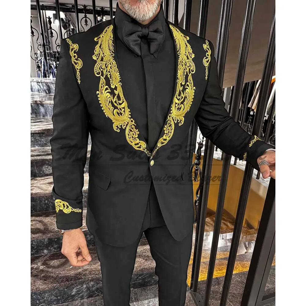 Costume homme noir de luxe, ensemble veste et pantalon 2 pièces, personnalisé, avec un bouton, avec un blazer à revers châle et des appliques, de haute qualité