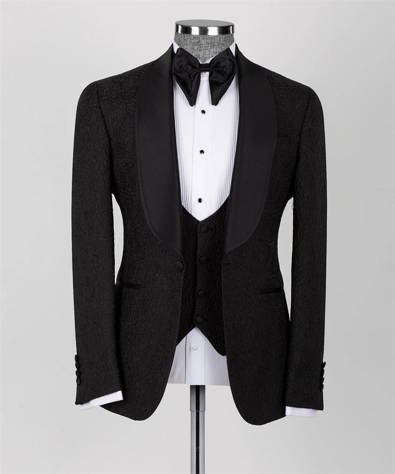 Costume de mariage noir de luxe pour homme, 3 pièces, blazer, gilet, pantalon, sur mesure, pour bal de promo, fête 