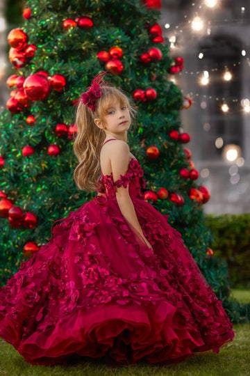 Girls Elegant Red Floral Embroidered Gown with Layered Tulle Skirt and Matching Headpiece
