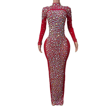 Luxury Celebrate Photo Shoot Props Sparkly Rhinestone Long Dress for Women Elegant Birthday Party Queen Red Dresses