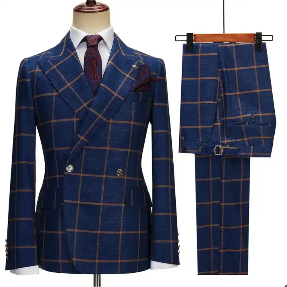 Luxury Check Plaid Men Suits 2 Pieces Set Peaked Lapel Business Party Costume Homme Wedding Groom Tuxedos Dress Jacket Pants