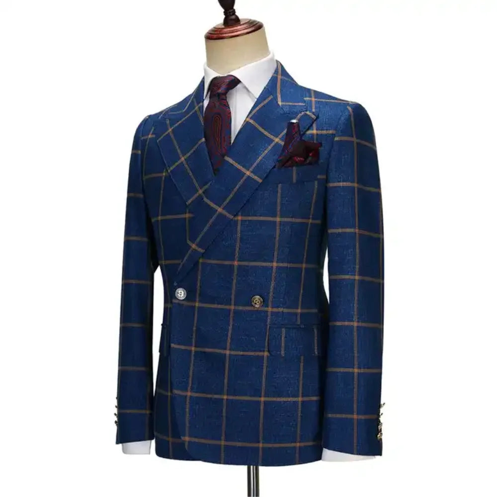 Luxury Check Plaid Men Suits 2 Pieces Set Peaked Lapel Business Party Costume Homme Wedding Groom Tuxedos Dress Jacket Pants