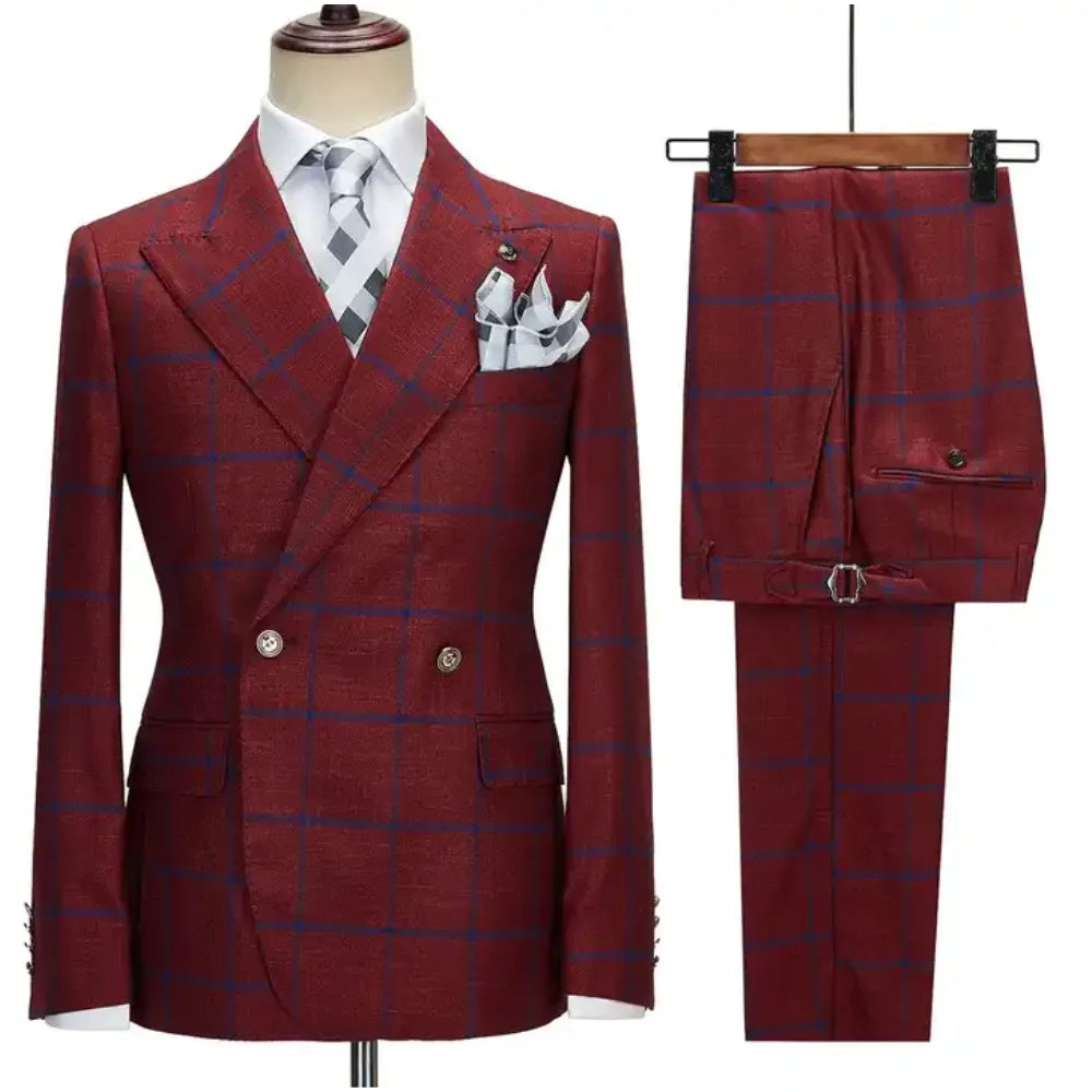 Luxury Check Plaid Men Suits 2 Pieces Set Peaked Lapel Business Party Costume Homme Wedding Groom Tuxedos Dress Jacket Pants