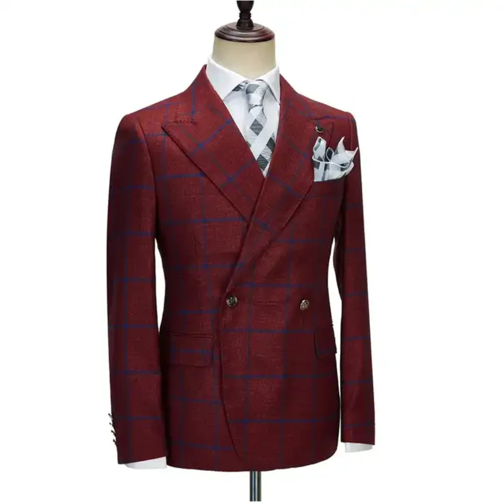 Luxury Check Plaid Men Suits 2 Pieces Set Peaked Lapel Business Party Costume Homme Wedding Groom Tuxedos Dress Jacket Pants