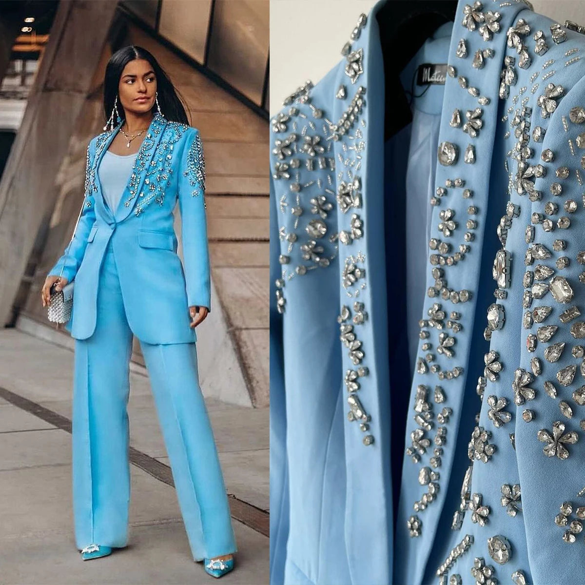 Elegant Blue Crystal-Embellished Women's Suit Set - Custom Tailored Blazer and Pants for a Chic Celebrity Look