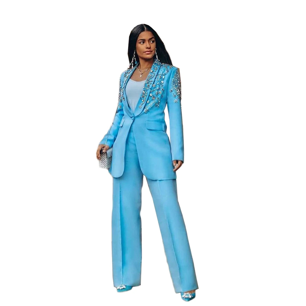 Elegant Blue Crystal-Embellished Women's Suit Set - Custom Tailored Blazer and Pants for a Chic Celebrity Look