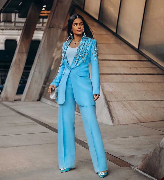 Elegant Blue Crystal-Embellished Women's Suit Set - Custom Tailored Blazer and Pants for a Chic Celebrity Look