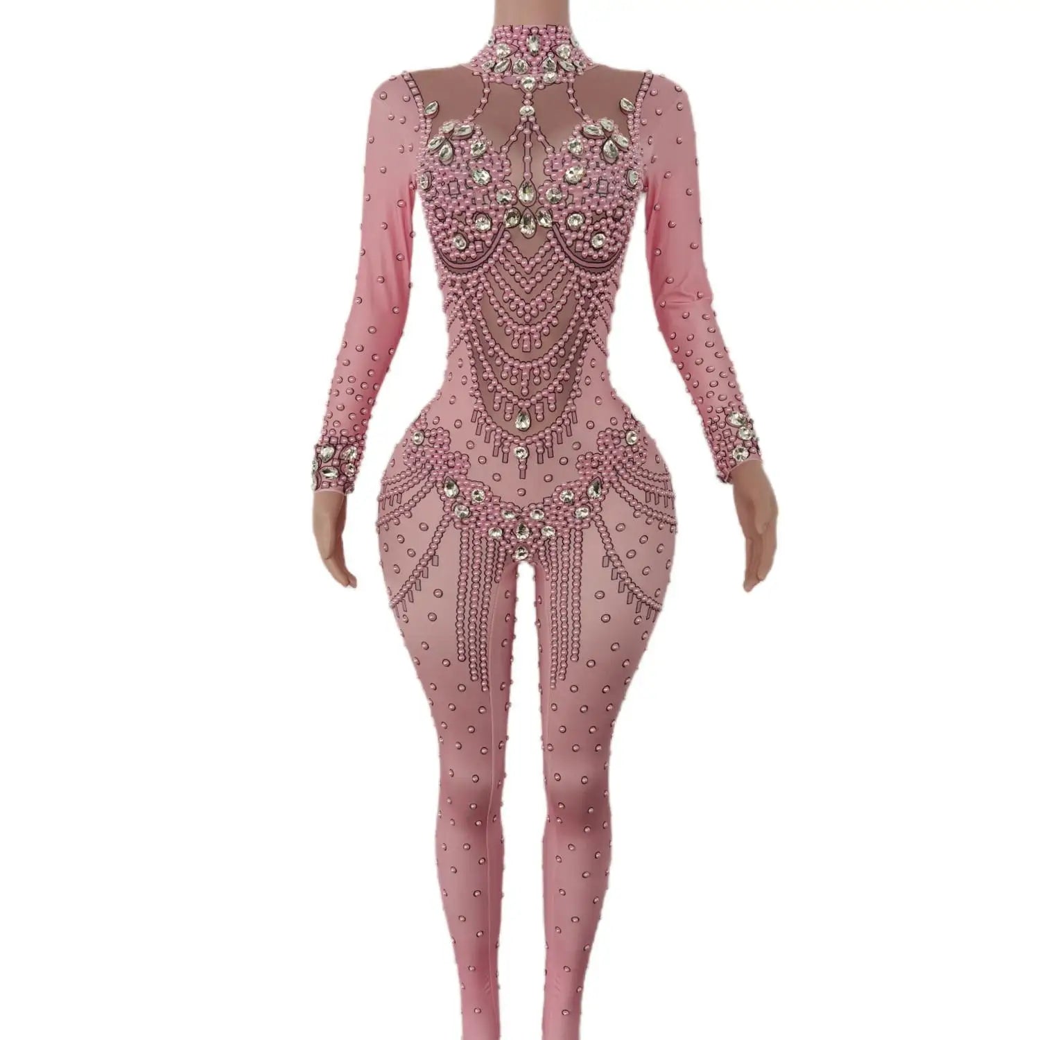 Combinaison à manches longues rose scintillante ornée de cristaux pour des soirées glamour, des spectacles de danse et des célébrations spéciales 