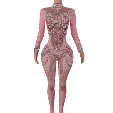 Combinaison à manches longues rose scintillante ornée de cristaux pour des soirées glamour, des spectacles de danse et des célébrations spéciales 