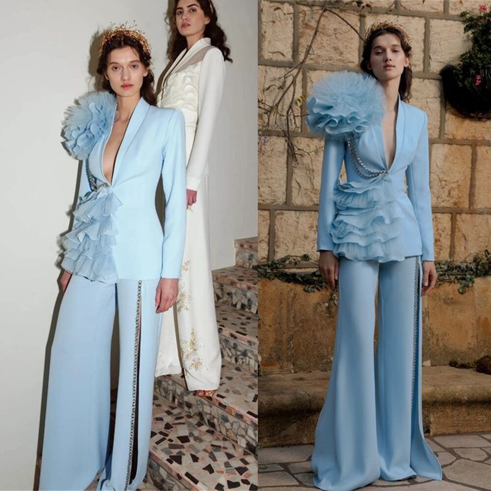 Conjunto de pantalón y blazer de 2 piezas con cristales de lujo para mujer, con volantes de tul y pierna ancha, de diseñador, hecho a medida, para fiesta y graduación. 