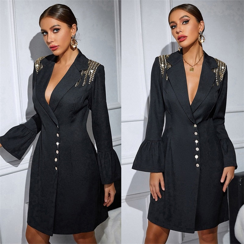 Luxury Crystals Women Suits 1 Pcs Black Blazer Deep V Neck Full Sleeve Prom Party Dress Sexy Short Mini Evening Dress