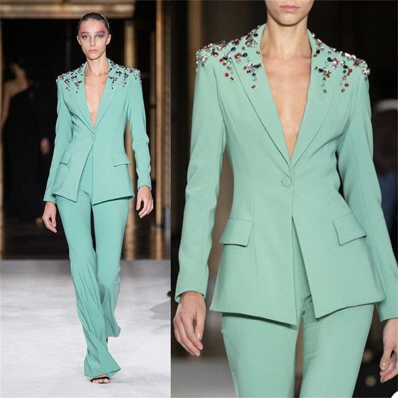 Luxury Crystals Women Suit Set 2 Pieces Beaded Blazer+Pant Custom Made Party Prom Dress Jacket