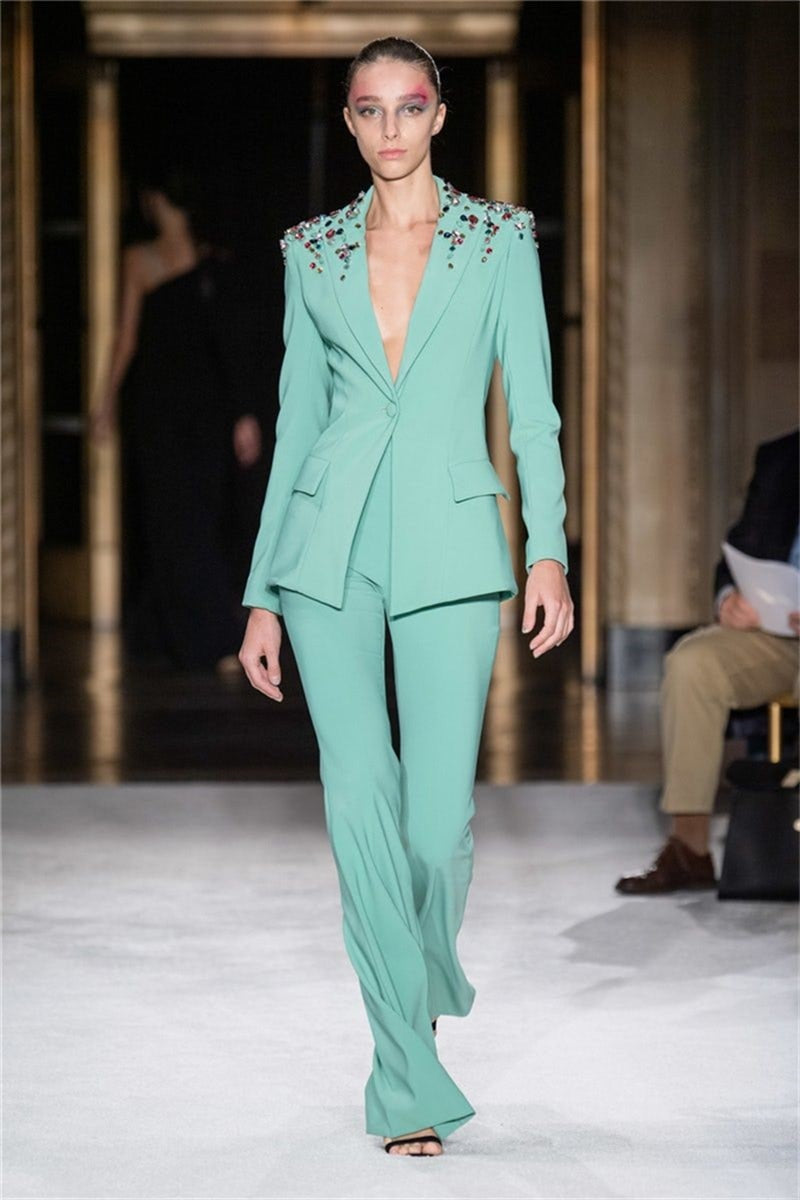 Luxury Crystals Women Suit Set 2 Pieces Beaded Blazer+Pant Custom Made Party Prom Dress Jacket