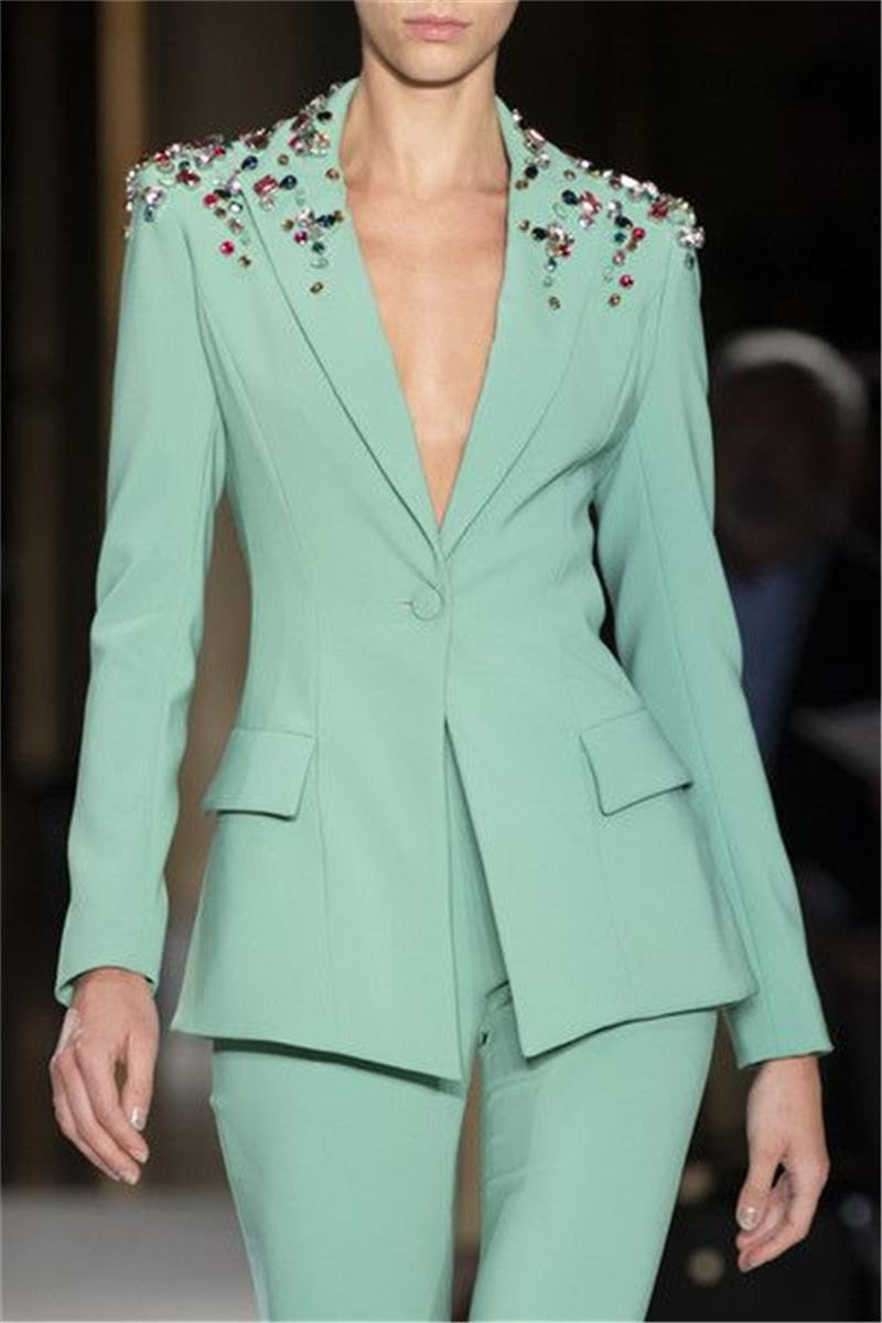 Luxury Crystals Women Suit Set 2 Pieces Beaded Blazer+Pant Custom Made Party Prom Dress Jacket