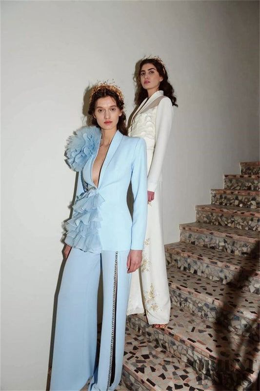 Conjunto de traje de 2 piezas con cristales de lujo para mujer, blazer con volantes de tul, pantalones anchos con abertura, vestido de fiesta de graduación hecho a medida. 
