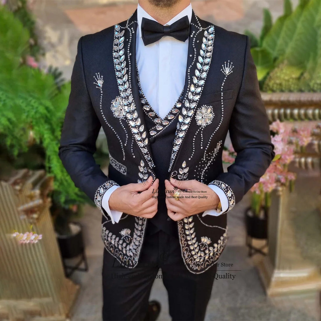 Trajes de boda de lujo con cuentas para hombre, trajes de fiesta de 3 piezas, esmoquin ajustado para novio 
