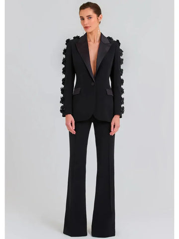 Luxury Women's Suits Elegant Black Long Sleeve Appliques Blazer Top and Flare Pants Two Piece Sets Ladies Party Outfits