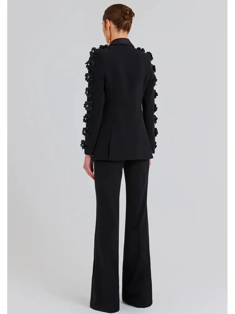 Chic Elegant Women's Black Suit Set with Floral Appliqué Blazer and Flare Pants for Glamorous Party Looks