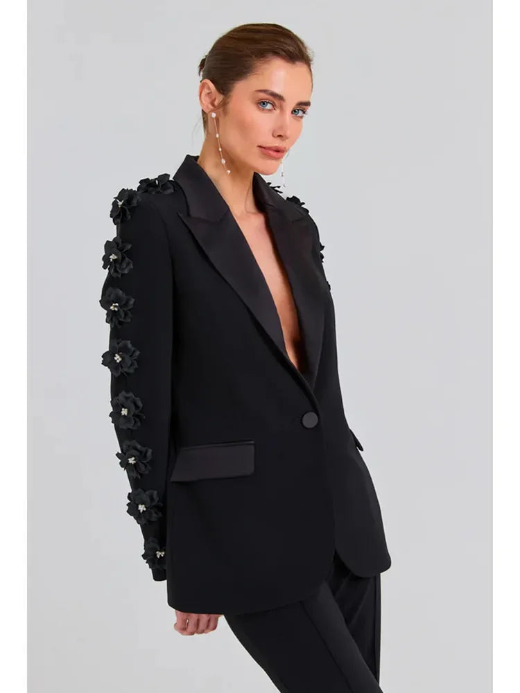 Chic Elegant Women's Black Suit Set with Floral Appliqué Blazer and Flare Pants for Glamorous Party Looks