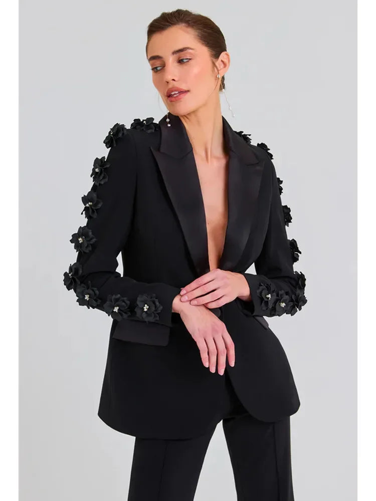 Chic Elegant Women's Black Suit Set with Floral Appliqué Blazer and Flare Pants for Glamorous Party Looks