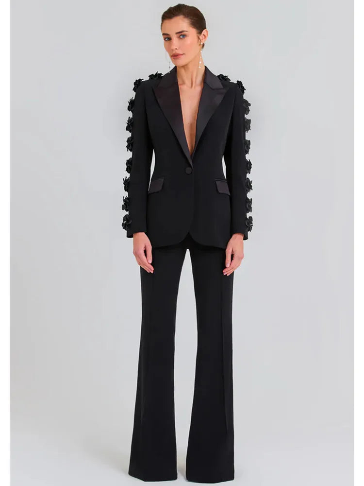 Chic Elegant Women's Black Suit Set with Floral Appliqué Blazer and Flare Pants for Glamorous Party Looks
