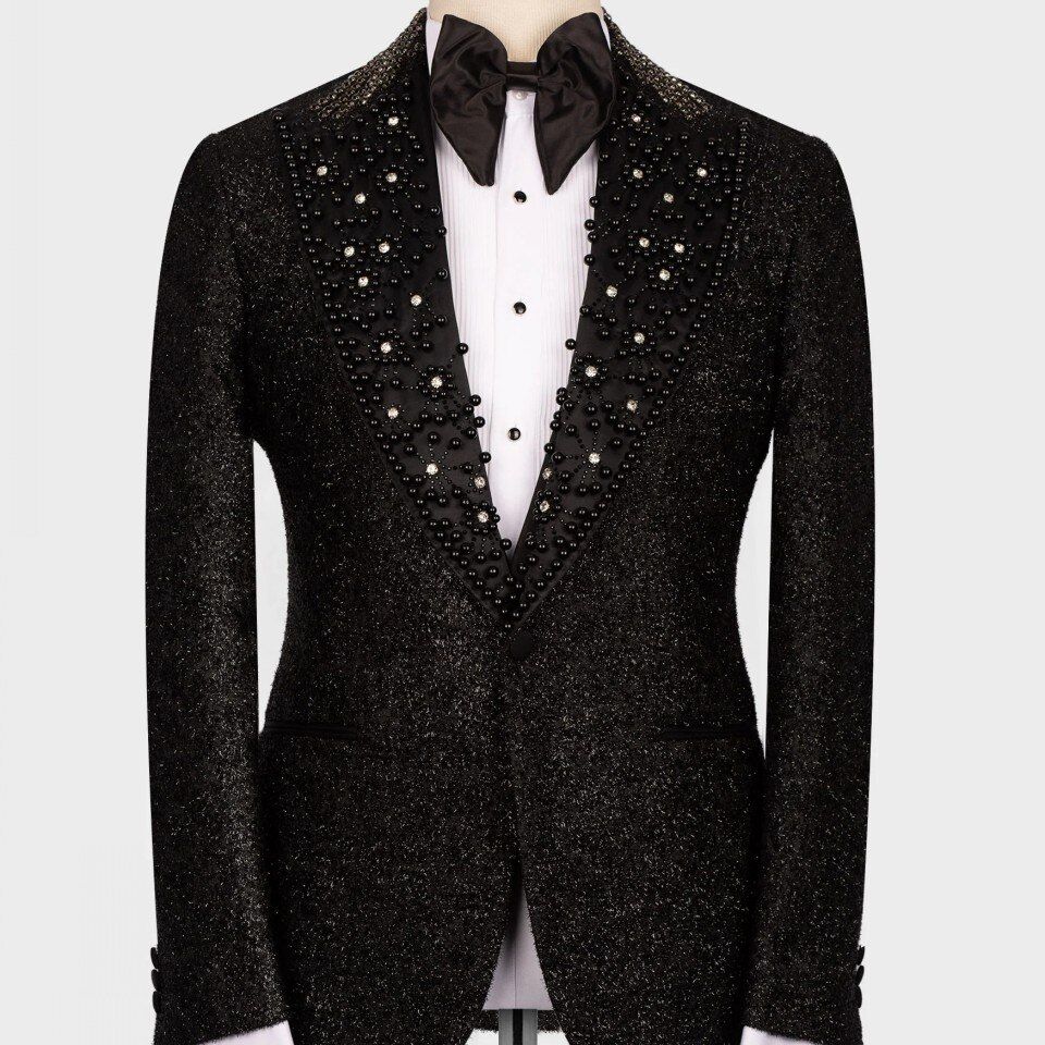 Costume de mariage de luxe à Dubaï pour homme, smoking à paillettes, coupe slim, avec cristaux et perles, blazer et pantalon, 2 pièces, costume de bal arabe