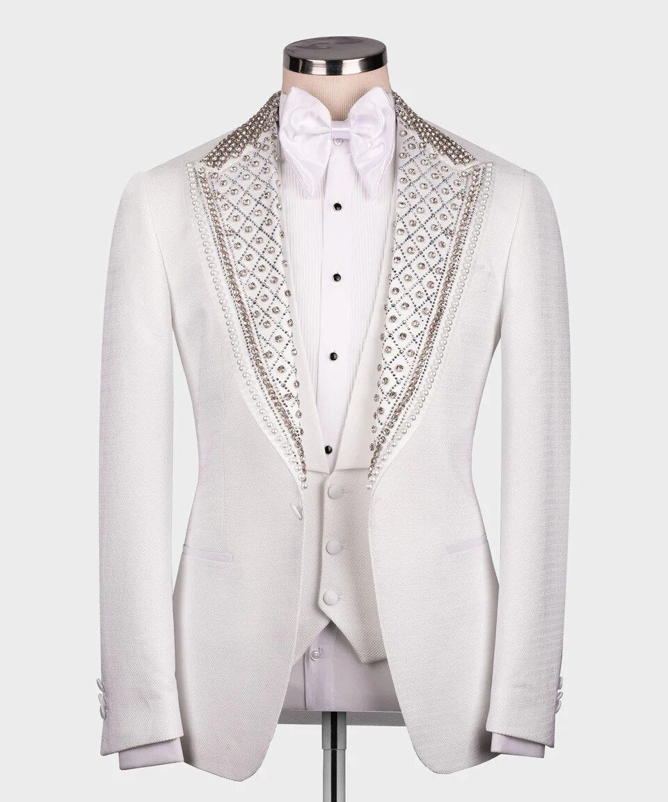 Esmoquin de boda de lujo de Dubái, traje formal blanco para novio, corte entallado, con cuentas de cristales, blazer, chaleco, pantalón, traje para boda, graduación y fiesta.
