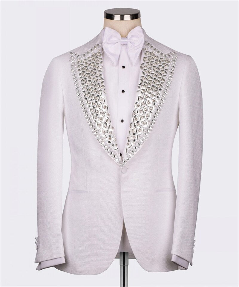 Esmoquin de boda de lujo de Dubái, traje formal blanco para novio, corte entallado, con cuentas de cristales, blazer, chaleco, pantalón, traje árabe para fiesta de graduación 
