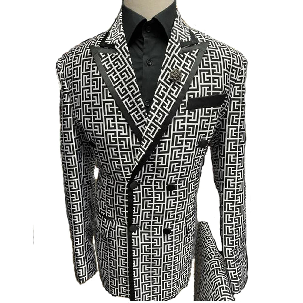 Men's Geometric Pattern Double Breasted Blazer with Black Lapel and Chest Pocket