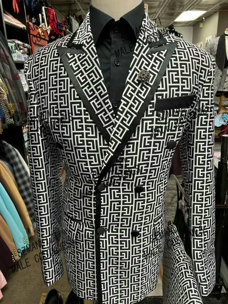 Men's Geometric Pattern Double Breasted Blazer with Black Lapel and Chest Pocket