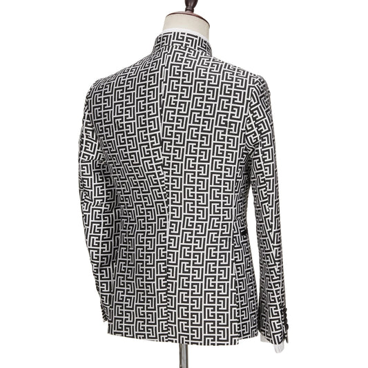 Men's Geometric Pattern Double Breasted Blazer with Black Lapel and Chest Pocket