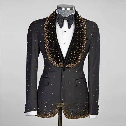 Trajes de lujo con cuentas de diamantes dorados para hombre para boda, hechos a medida, para hombre, fiesta de negocios, novio, esmoquin, ropa de moda masculina, 3 piezas